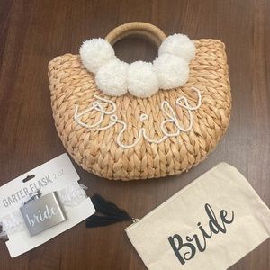 Bride Straw Purse with Flask and Bride Tote Pouch